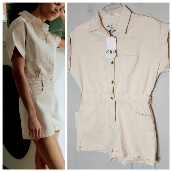 NWT Zara Cream Denim Playsuit Romper Size Large. - Picture 1 of 16
